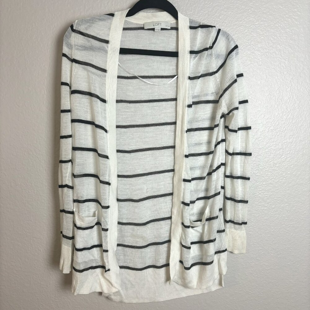 Loft Black/White Striped Sheer Open Cardigan - MP Petite Medium